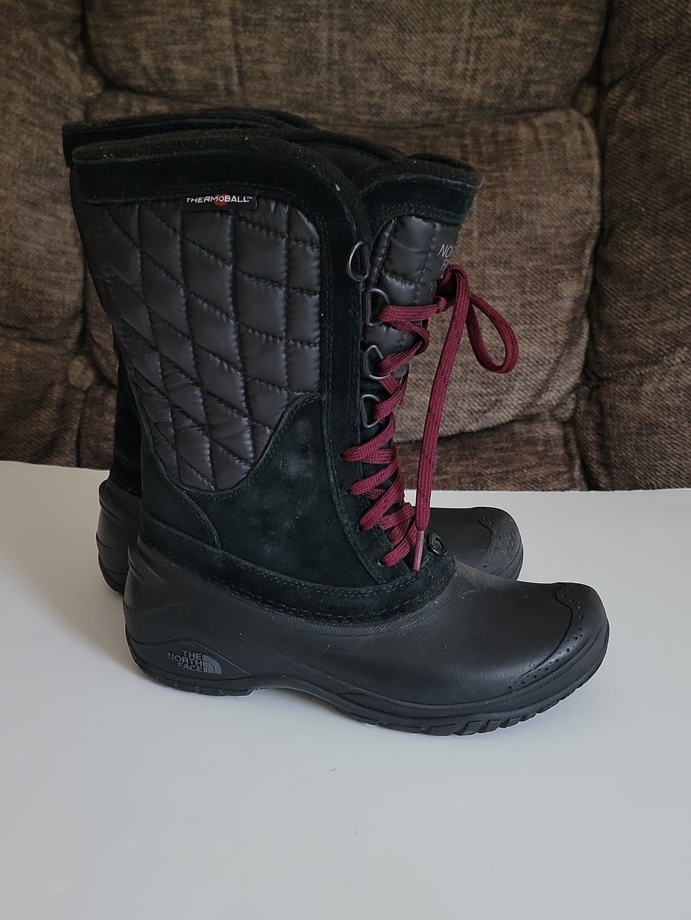 The North Face Thermoball Women's Black Winter Boots with Burgundy Laces